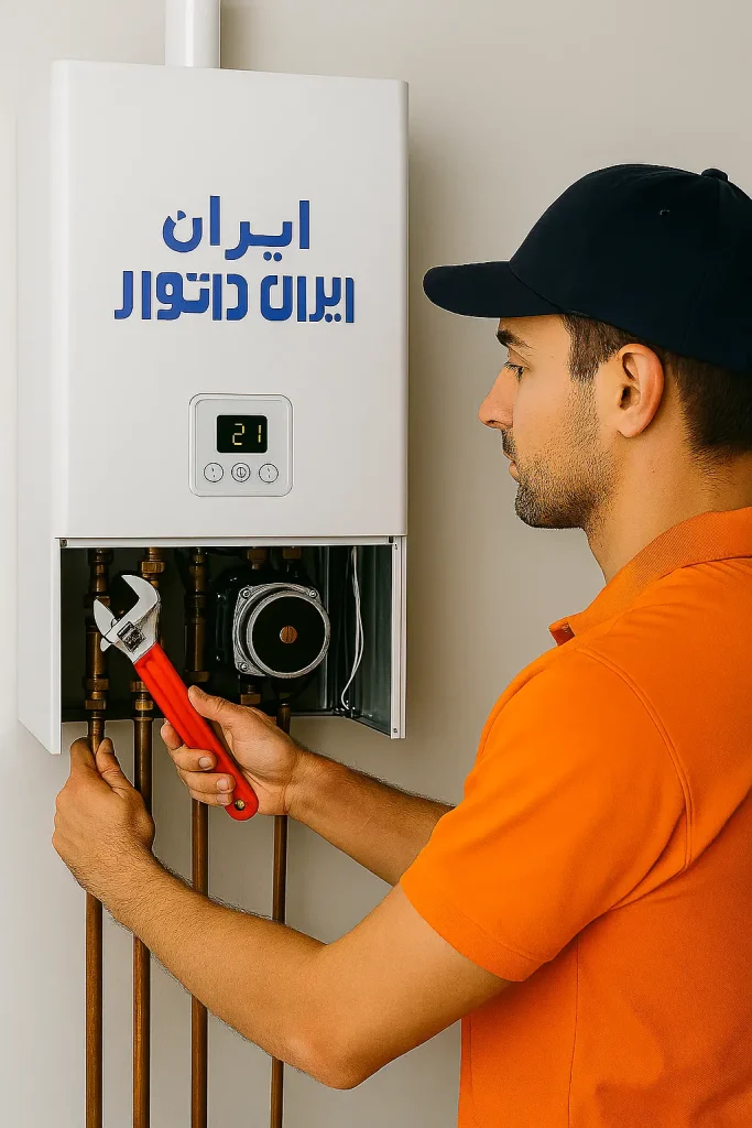 تکنسین با لباس نارنجی در حال تعمیر پکیج دیواری ایران رادیاتور با آچار در محیط داخلی روشن